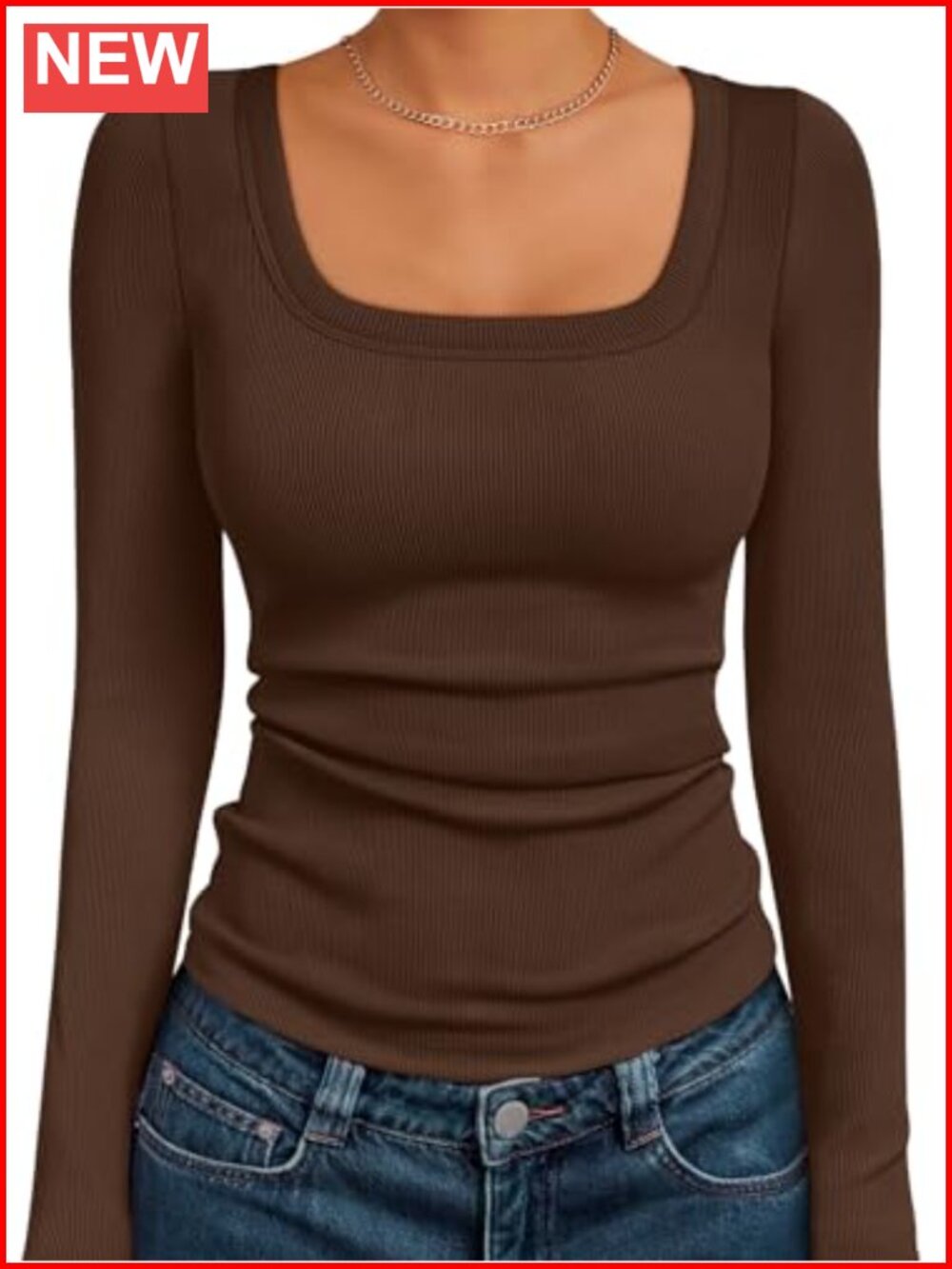 Women's Square Neck Ribbed Long Sleeve Slim Fit Top
